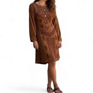 Artisan Made Brown Bohemian Embroidered Tunic Dress India Kurti